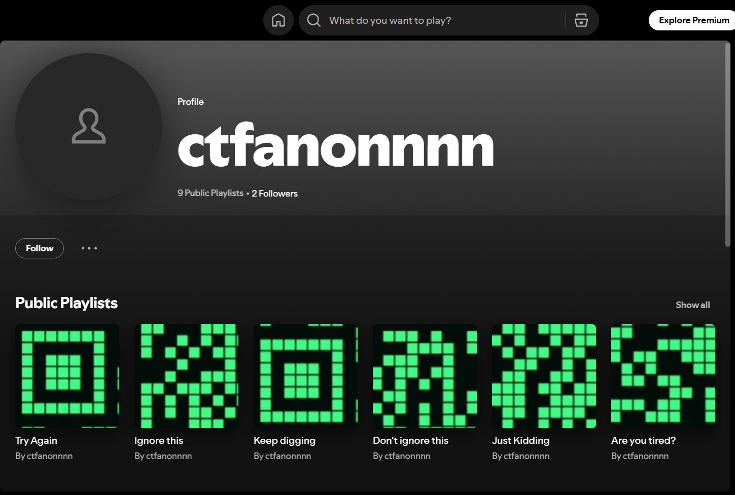 Spotify profile showing the nine playlists